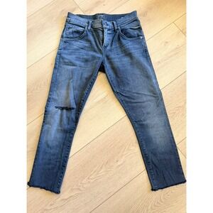 Citizens of Humanity Edge Slouchy Slim Jeans Blue Distressed Raw Hem Size 24